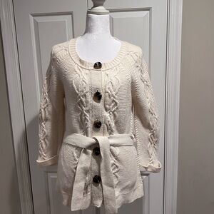 LOFT Cream Cable Knit Cardigan with Belt